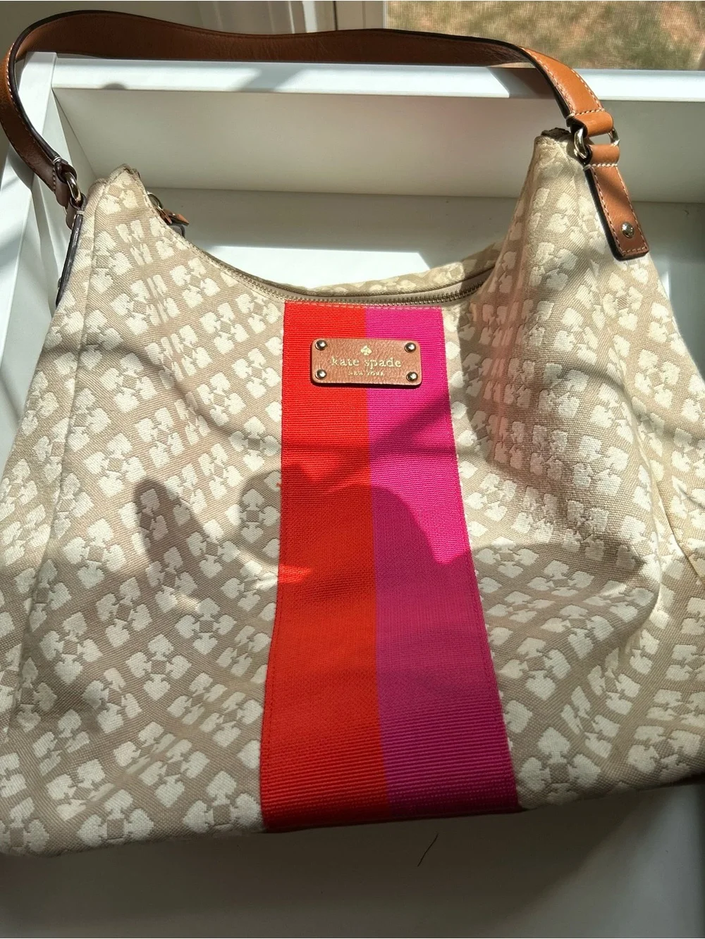 Kate Spade “Mona” Beige Patterned Hobo with Pink and Red Stripe